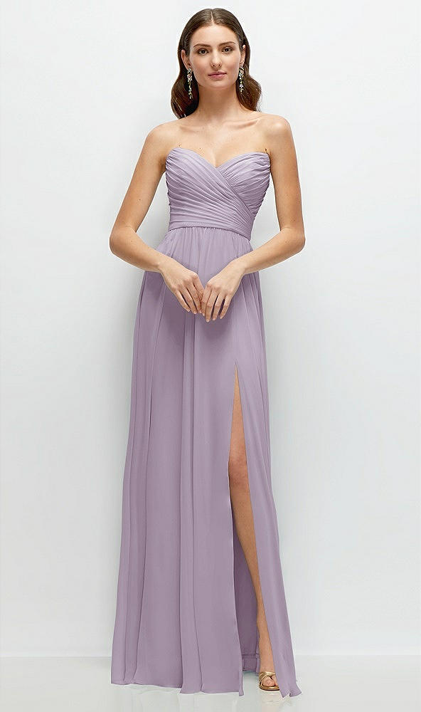 Front View - Lilac Haze Strapless Pleated Surplice Chiffon Maxi Dress with A-Line Skirt