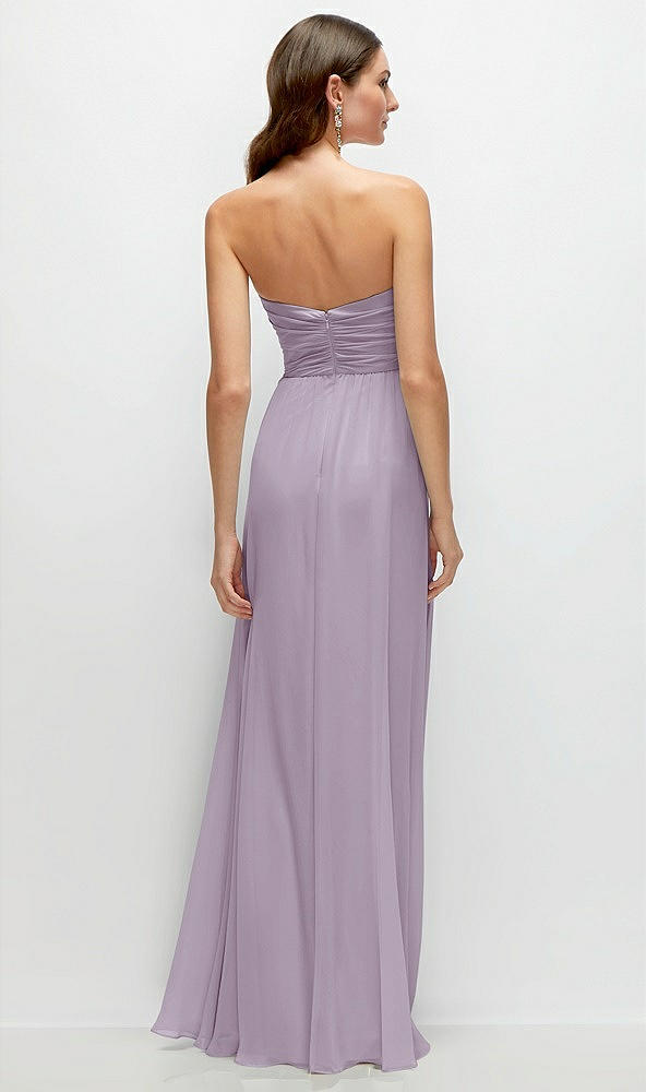 Back View - Lilac Haze Strapless Pleated Surplice Chiffon Maxi Dress with A-Line Skirt