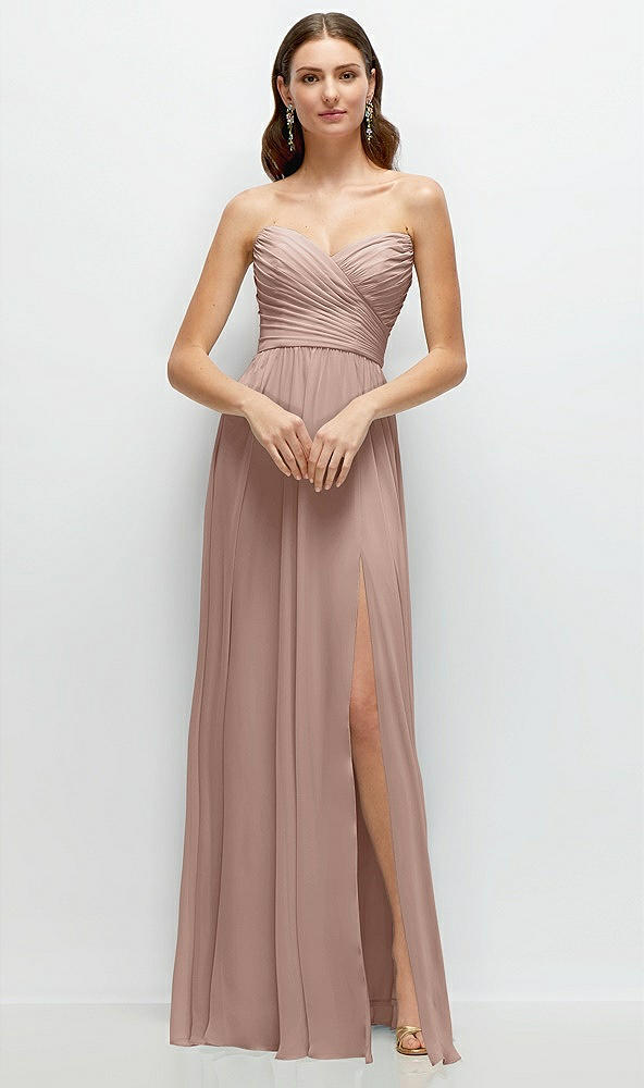 Front View - Neu Nude Strapless Pleated Surplice Chiffon Maxi Dress with A-Line Skirt