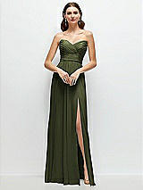 Front View Thumbnail - Olive Green Strapless Pleated Surplice Chiffon Maxi Dress with A-Line Skirt