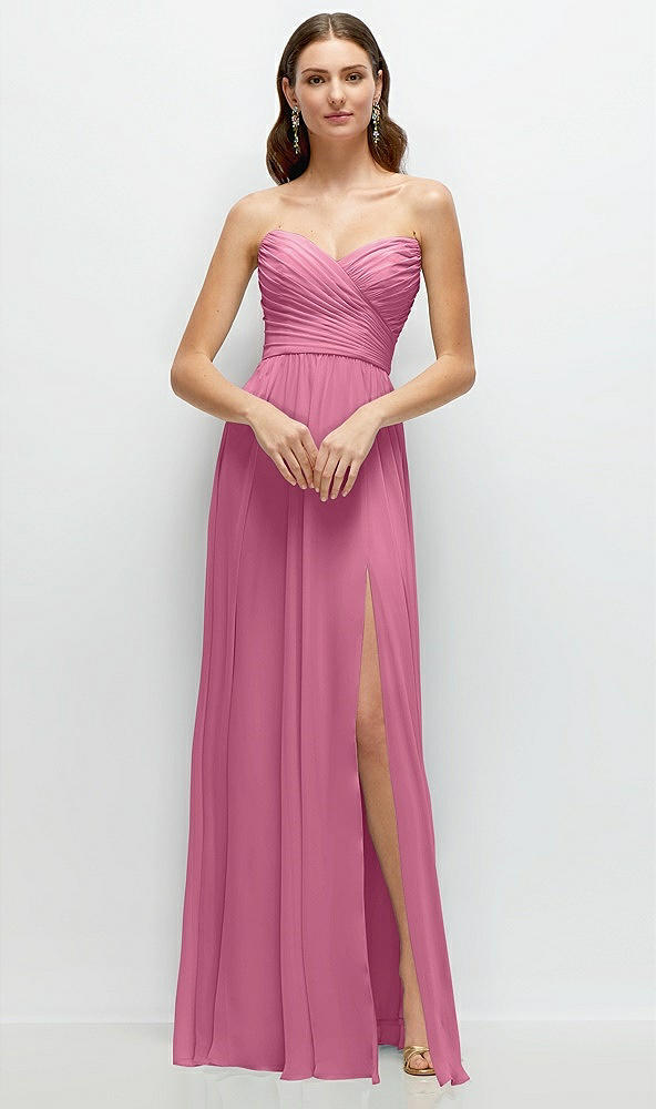 Front View - Orchid Pink Strapless Pleated Surplice Chiffon Maxi Dress with A-Line Skirt