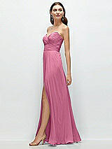 Side View Thumbnail - Orchid Pink Strapless Pleated Surplice Chiffon Maxi Dress with A-Line Skirt