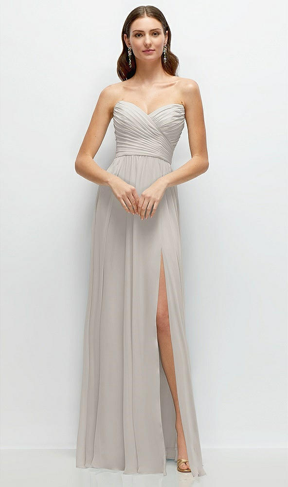 Front View - Oyster Strapless Pleated Surplice Chiffon Maxi Dress with A-Line Skirt