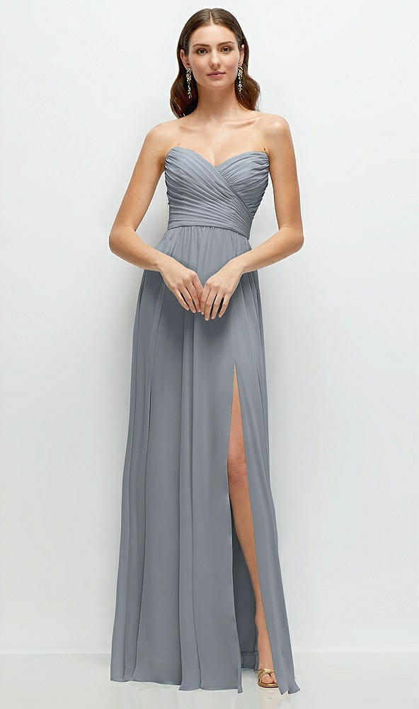 Front View - Platinum Strapless Pleated Surplice Chiffon Maxi Dress with A-Line Skirt