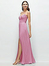 Side View Thumbnail - Powder Pink Strapless Pleated Surplice Chiffon Maxi Dress with A-Line Skirt