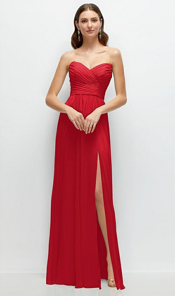 Front View - Parisian Red Strapless Pleated Surplice Chiffon Maxi Dress with A-Line Skirt