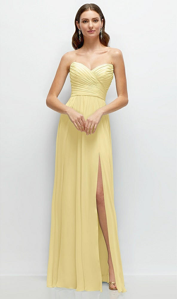 Front View - Pale Yellow Strapless Pleated Surplice Chiffon Maxi Dress with A-Line Skirt