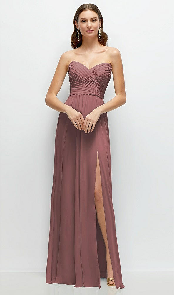 Front View - Rosewood Strapless Pleated Surplice Chiffon Maxi Dress with A-Line Skirt