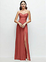 Front View Thumbnail - Coral Pink Strapless Pleated Surplice Chiffon Maxi Dress with A-Line Skirt