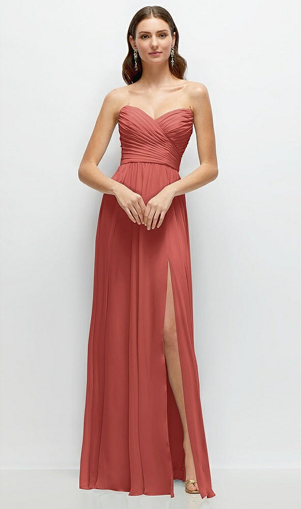 Front View - Coral Pink Strapless Pleated Surplice Chiffon Maxi Dress with A-Line Skirt