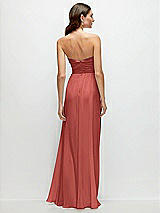 Rear View Thumbnail - Coral Pink Strapless Pleated Surplice Chiffon Maxi Dress with A-Line Skirt