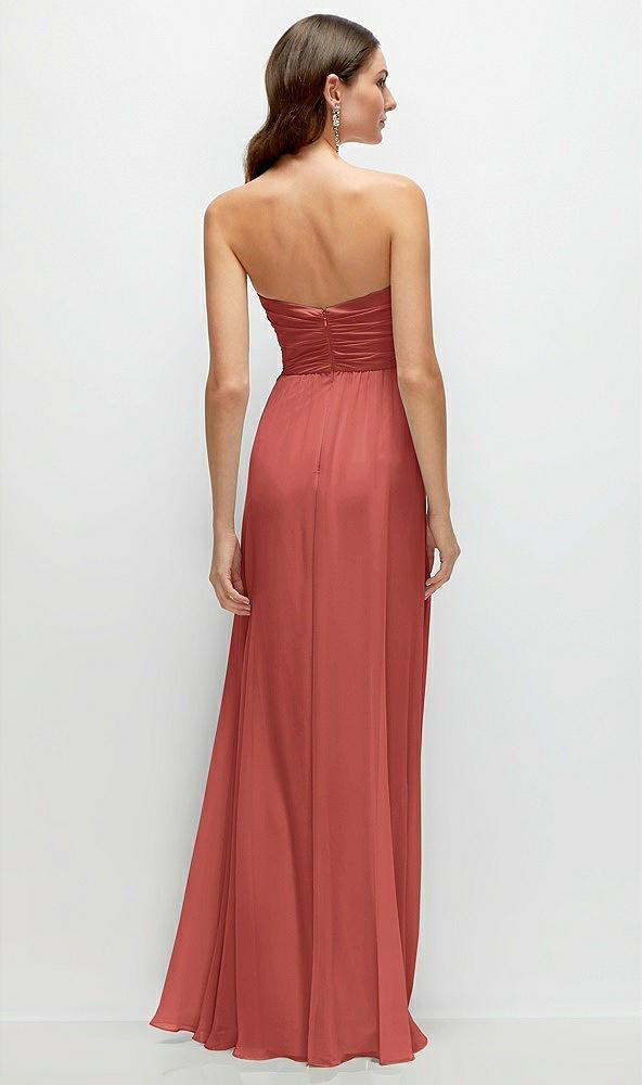 Back View - Coral Pink Strapless Pleated Surplice Chiffon Maxi Dress with A-Line Skirt