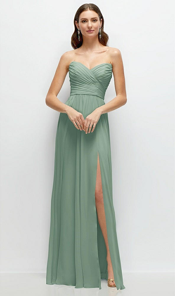 Front View - Seagrass Strapless Pleated Surplice Chiffon Maxi Dress with A-Line Skirt