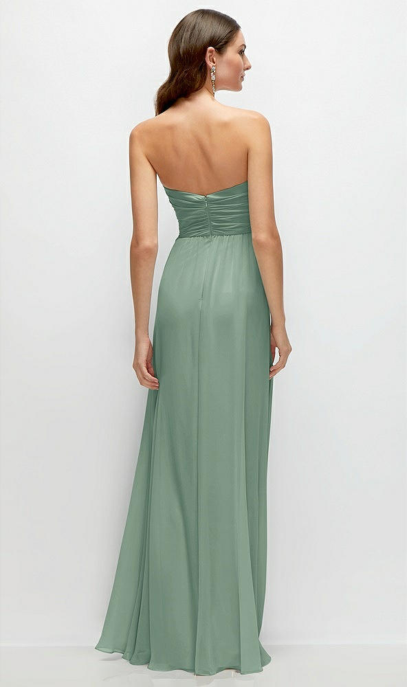 Back View - Seagrass Strapless Pleated Surplice Chiffon Maxi Dress with A-Line Skirt