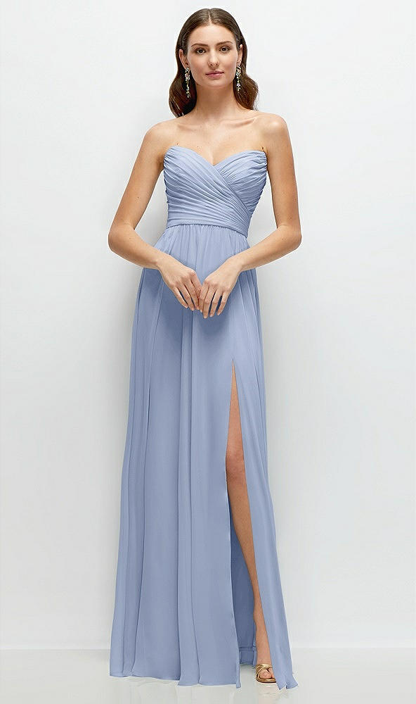 Front View - Sky Blue Strapless Pleated Surplice Chiffon Maxi Dress with A-Line Skirt