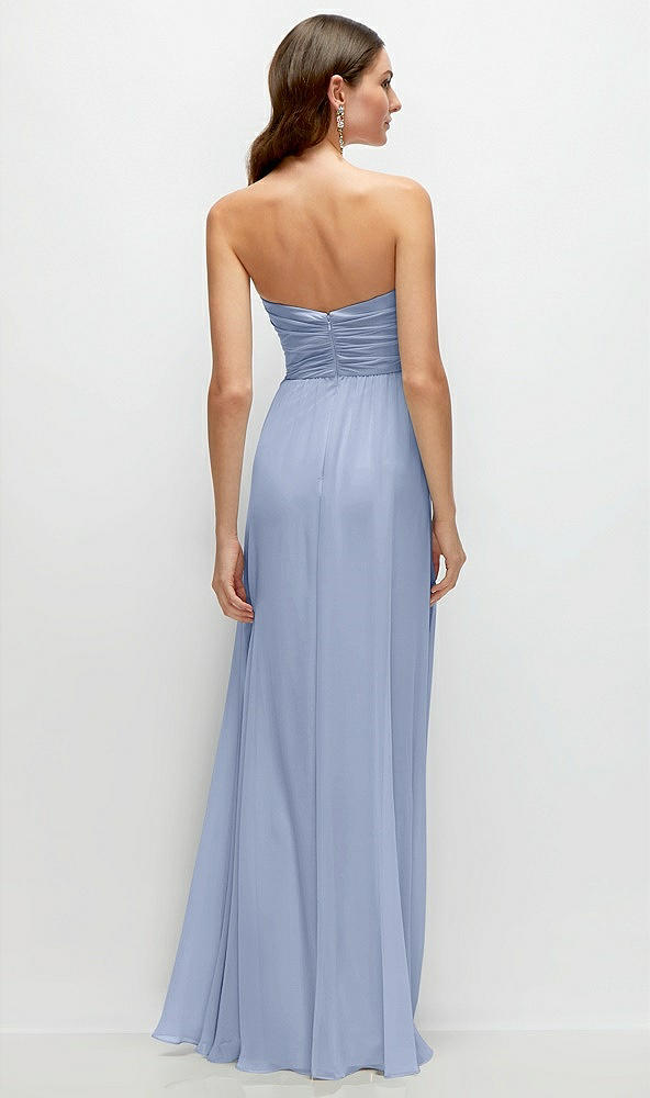 Back View - Sky Blue Strapless Pleated Surplice Chiffon Maxi Dress with A-Line Skirt