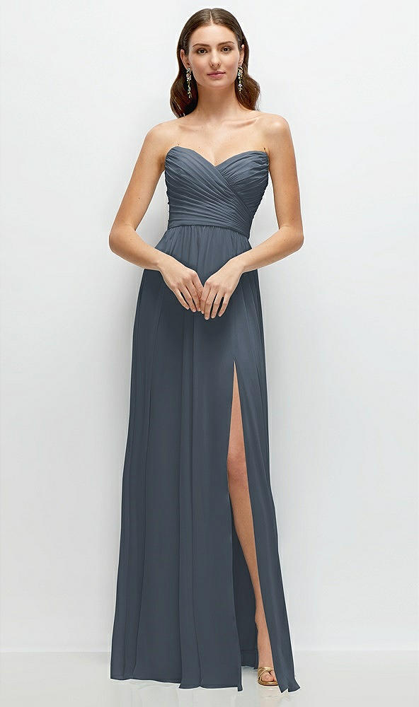 Front View - Silverstone Strapless Pleated Surplice Chiffon Maxi Dress with A-Line Skirt