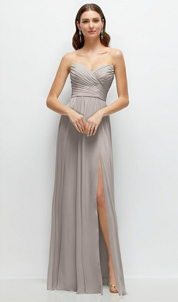 Front View - Taupe Strapless Pleated Surplice Chiffon Maxi Dress with A-Line Skirt