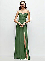 Front View Thumbnail - Vineyard Green Strapless Pleated Surplice Chiffon Maxi Dress with A-Line Skirt