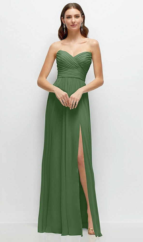 Front View - Vineyard Green Strapless Pleated Surplice Chiffon Maxi Dress with A-Line Skirt