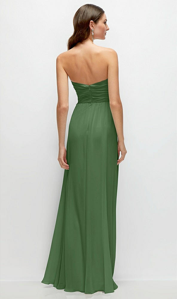 Back View - Vineyard Green Strapless Pleated Surplice Chiffon Maxi Dress with A-Line Skirt