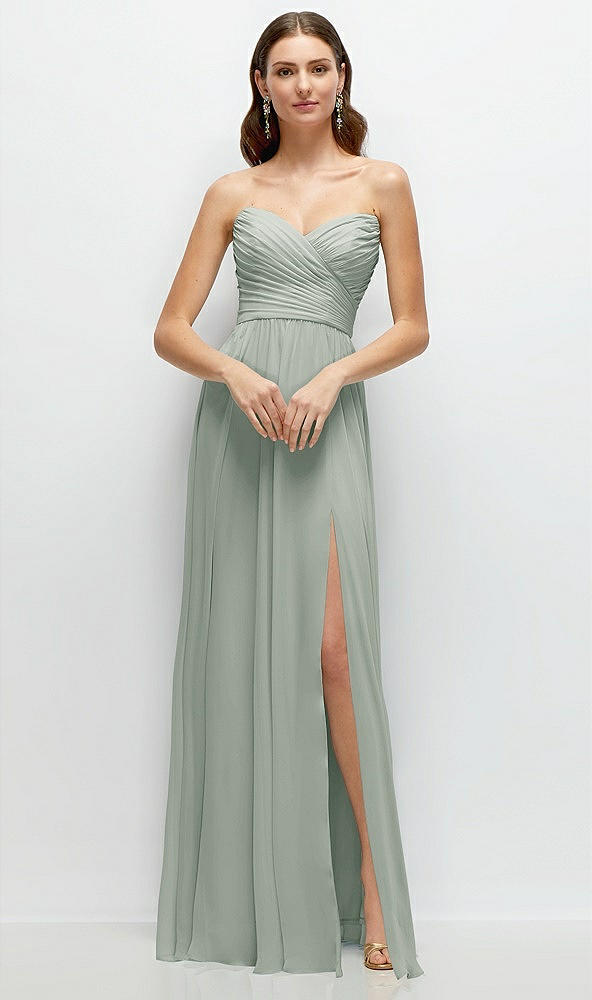 Front View - Willow Green Strapless Pleated Surplice Chiffon Maxi Dress with A-Line Skirt