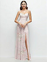 Front View Thumbnail - Watercolor Print Strapless Pleated Surplice Chiffon Maxi Dress with A-Line Skirt