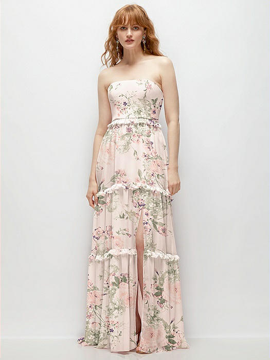 Strapless Chiffon Maxi Dress with Tiered Micro Ruffle Full Skirt