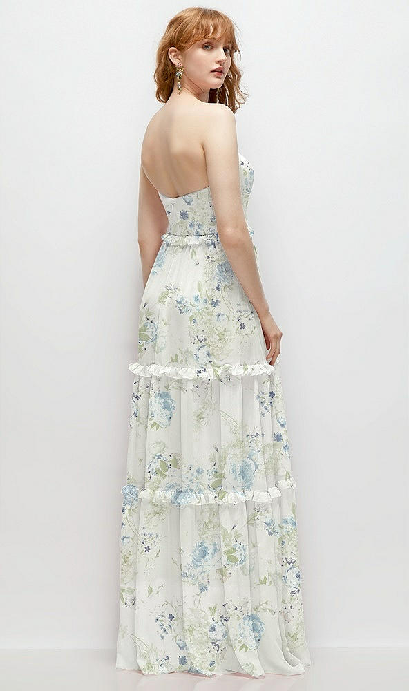 Back View - Bleu Garden Strapless Chiffon Maxi Dress with Tiered Micro Ruffle Full Skirt