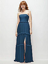 Front View Thumbnail - Dusk Blue Strapless Chiffon Maxi Dress with Tiered Micro Ruffle Full Skirt