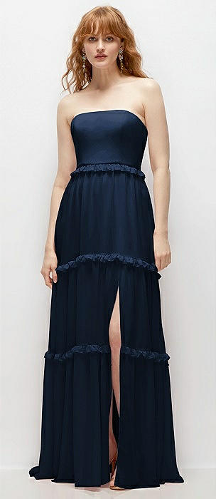 Strapless Chiffon Maxi Dress with Tiered Micro Ruffle Full Skirt