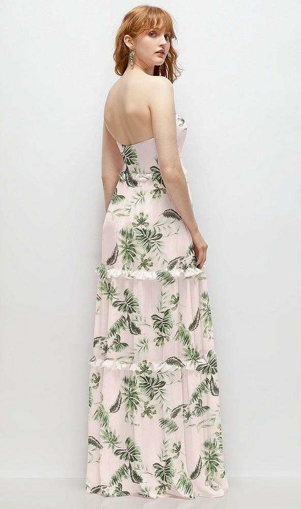 Back View - Palm Beach Print Strapless Chiffon Maxi Dress with Tiered Micro Ruffle Full Skirt