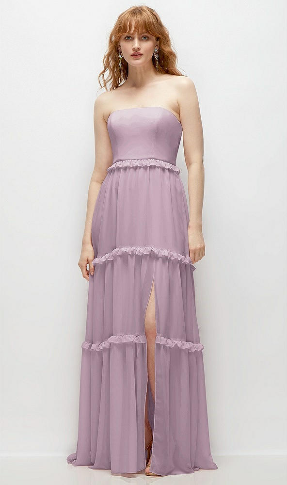 Front View - Suede Rose Strapless Chiffon Maxi Dress with Tiered Micro Ruffle Full Skirt