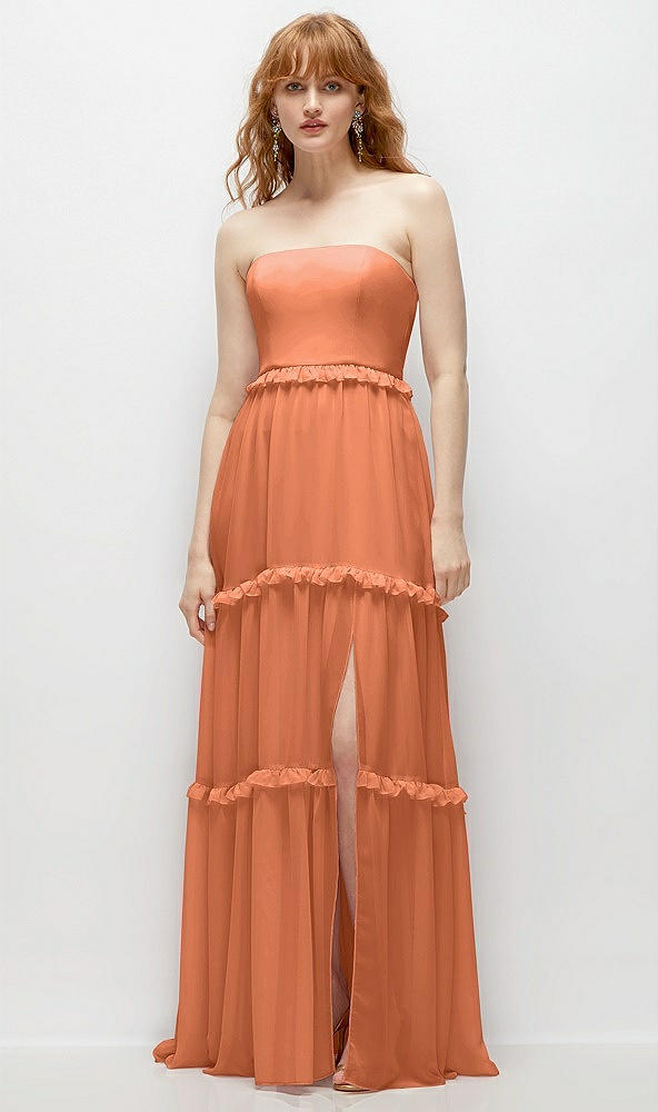 Front View - Sweet Melon Strapless Chiffon Maxi Dress with Tiered Micro Ruffle Full Skirt