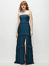 Front View Thumbnail - Atlantic Blue Strapless Chiffon Maxi Dress with Tiered Micro Ruffle Full Skirt