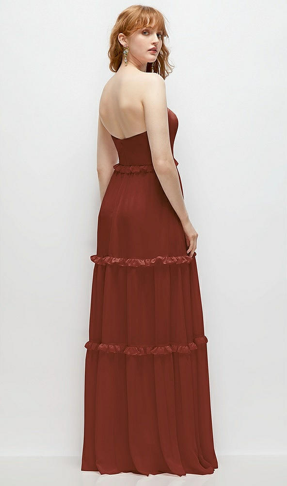 Back View - Auburn Moon Strapless Chiffon Maxi Dress with Tiered Micro Ruffle Full Skirt