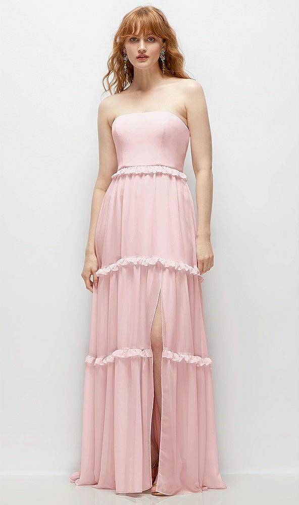 Front View - Ballet Pink Strapless Chiffon Maxi Dress with Tiered Micro Ruffle Full Skirt