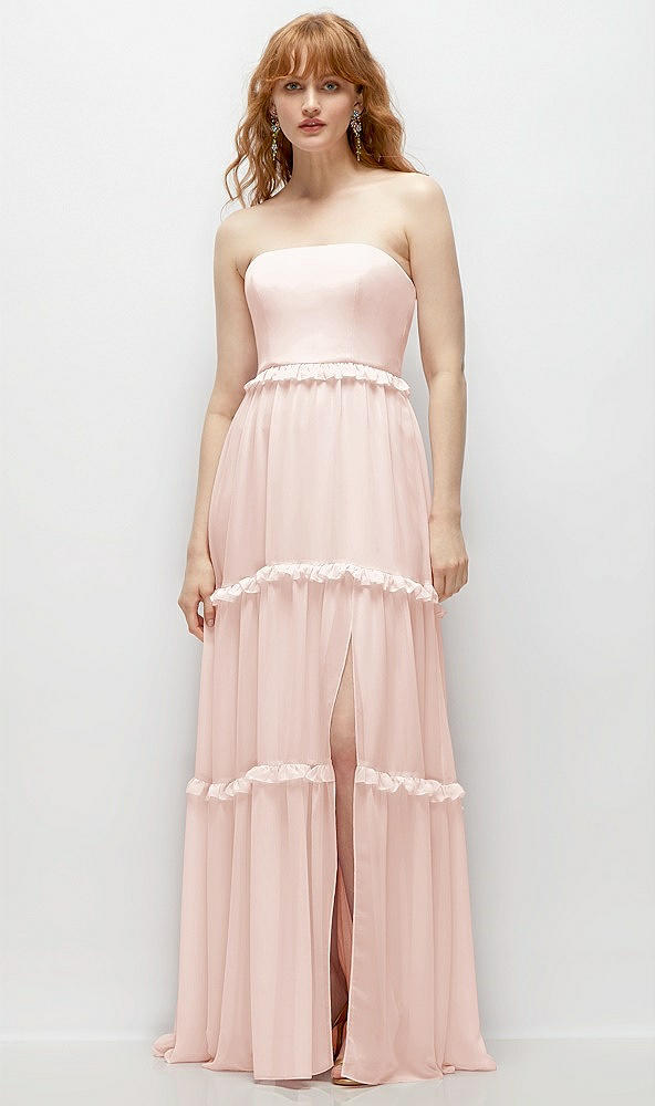 Front View - Blush Strapless Chiffon Maxi Dress with Tiered Micro Ruffle Full Skirt