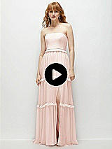 Video 1 Thumbnail - White Strapless Chiffon Maxi Dress with Tiered Micro Ruffle Full Skirt