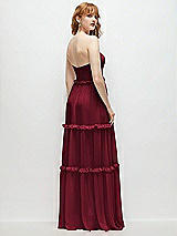 Rear View Thumbnail - Burgundy Strapless Chiffon Maxi Dress with Tiered Micro Ruffle Full Skirt