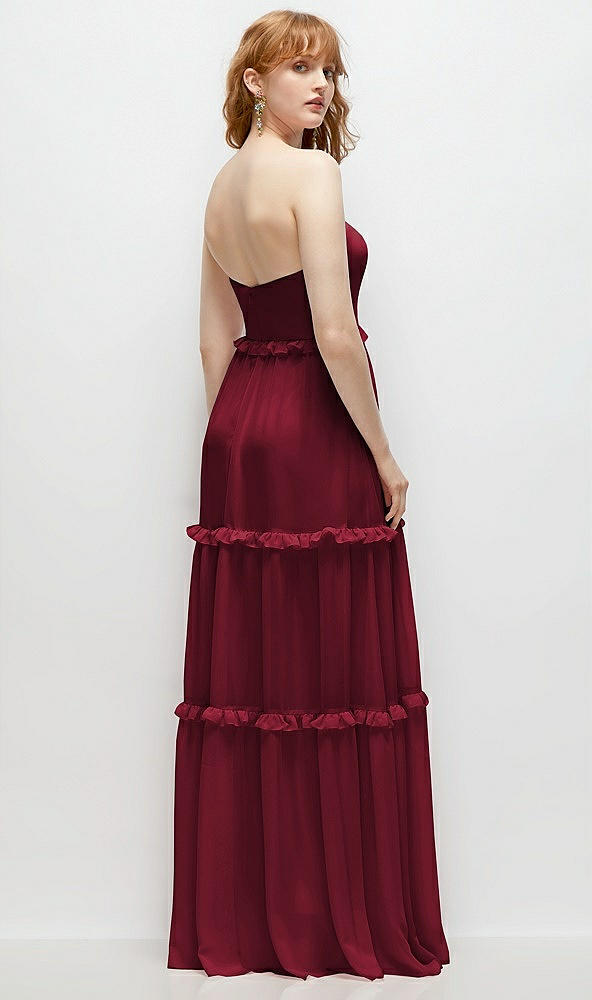 Back View - Burgundy Strapless Chiffon Maxi Dress with Tiered Micro Ruffle Full Skirt