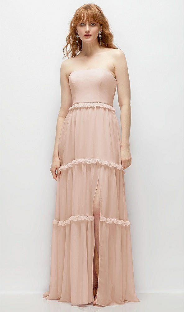 Front View - Cameo Strapless Chiffon Maxi Dress with Tiered Micro Ruffle Full Skirt