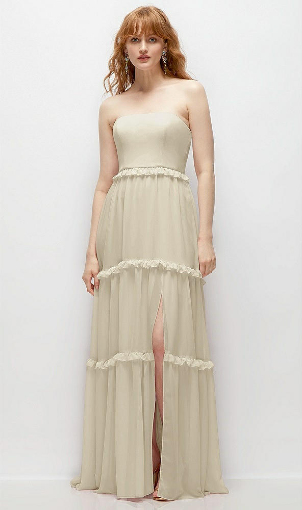 Front View - Champagne Strapless Chiffon Maxi Dress with Tiered Micro Ruffle Full Skirt