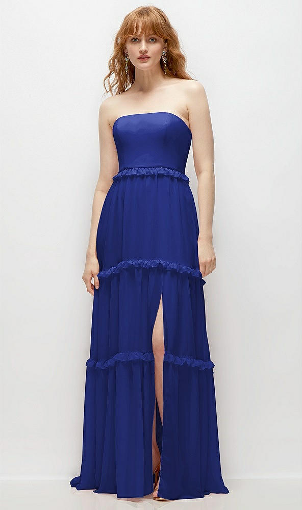 Front View - Cobalt Blue Strapless Chiffon Maxi Dress with Tiered Micro Ruffle Full Skirt