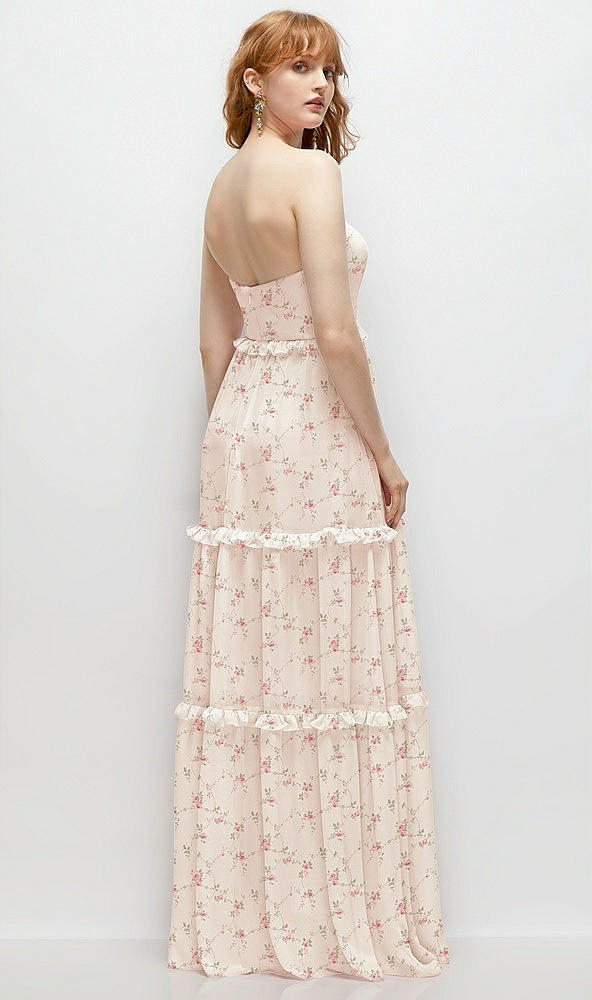 Back View - Coquette Floral Print Strapless Chiffon Maxi Dress with Tiered Micro Ruffle Full Skirt