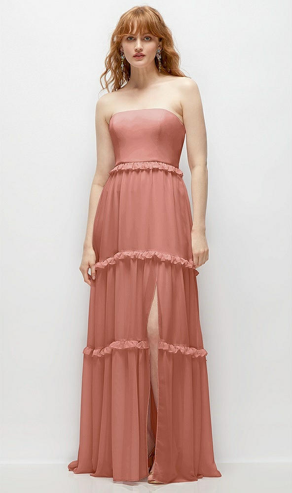 Front View - Desert Rose Strapless Chiffon Maxi Dress with Tiered Micro Ruffle Full Skirt