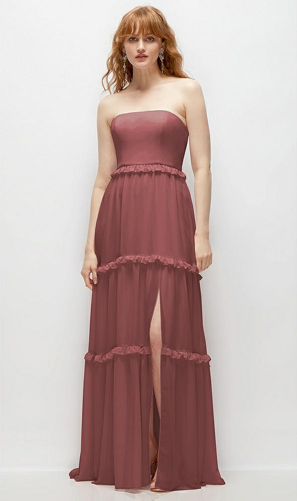 Front View - English Rose Strapless Chiffon Maxi Dress with Tiered Micro Ruffle Full Skirt