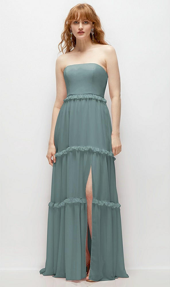 Front View - Icelandic Strapless Chiffon Maxi Dress with Tiered Micro Ruffle Full Skirt