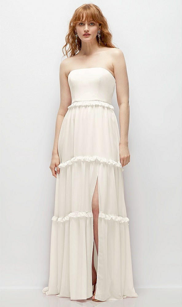 Front View - Ivory Strapless Chiffon Maxi Dress with Tiered Micro Ruffle Full Skirt