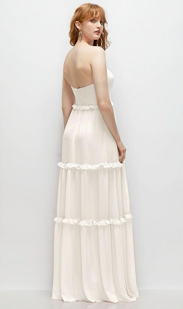 Back View - Ivory Strapless Chiffon Maxi Dress with Tiered Micro Ruffle Full Skirt